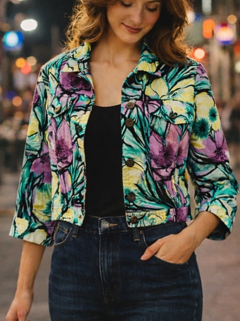 Christopher & Banks Floral Cropped Jacket Vintage Art Print Size Medium
